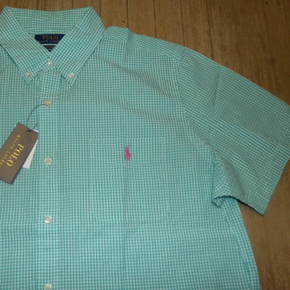 Polo Ralph Lauren Mens SZ LRG Gingham S/S Button Up Shirt Green Pink Pony